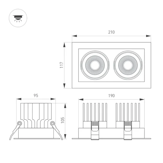 Фото #2 товара Светильник MS-VORTEX-BUILT-S210x117-2x20W Warm3000 (BK-BK, 40 deg, 230V) (Arlight, IP20 Металл, 5 лет)